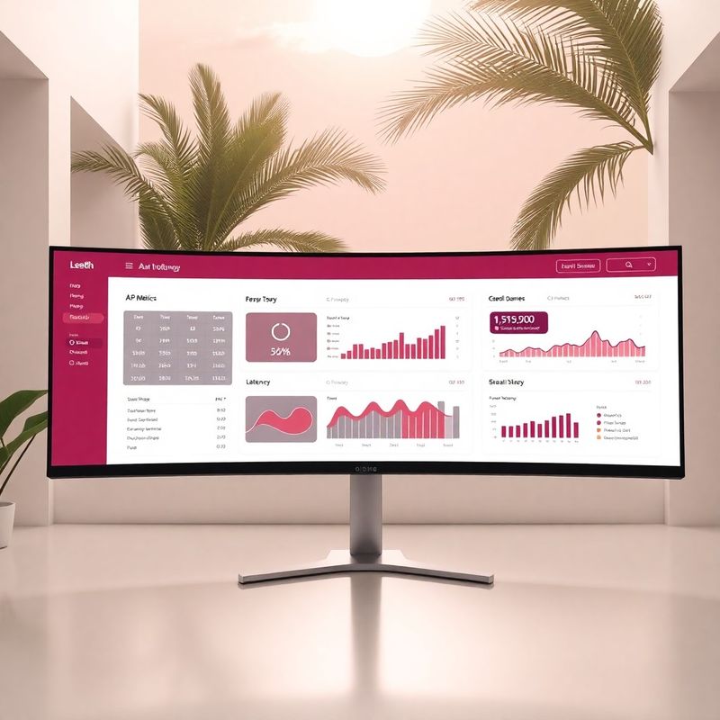 Mockup de painel de software com gráficos de métricas de API e latência em paleta creme e bordô