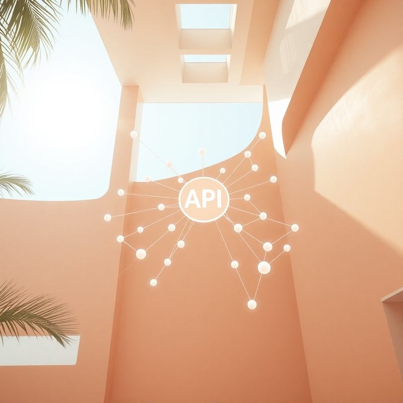 Visualização abstrata de nós de API interconectados escalando para fora, em paleta creme e bordô