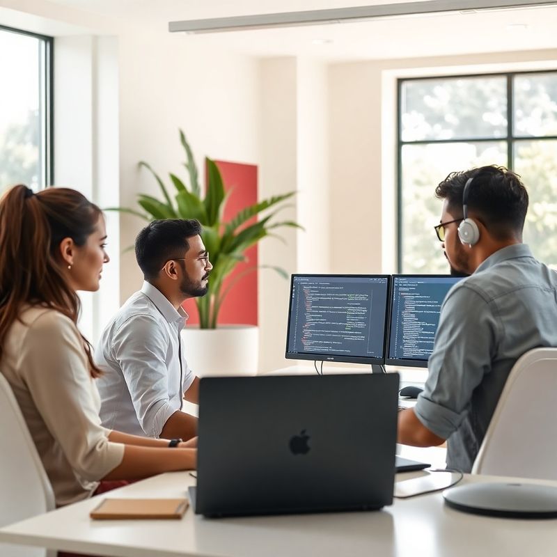 Pequena equipe de engenharia de software revisando código em monitores num escritório moderno de Florianópolis