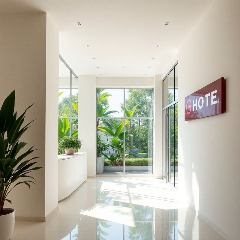 Entrada de escritório moderno em Florianópolis com paredes creme, sinalização bordô e vegetação tropical visível pelas janelas